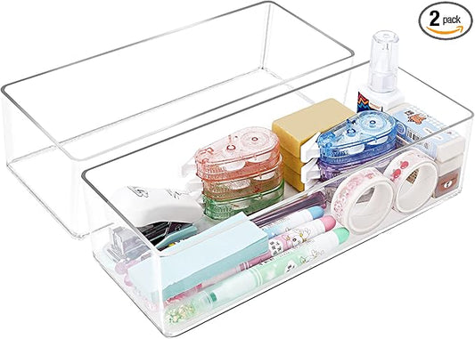 Stackable Clear Drawer Organizers Small Makeup Vanity Storage Bins Trays and Office Desk Drawer Dividers Single Compartment 2 Pack-NeatNest