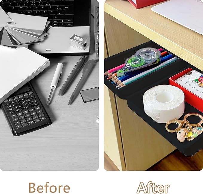 2 Packs Under Desk Drawers, Slide Out Drawer Attachment, Plastic Desk Accessories & Workspace Organizers, Self-Adhesive Hidden Desktop Pen Holder for Office School Home (Black)-NeatNest