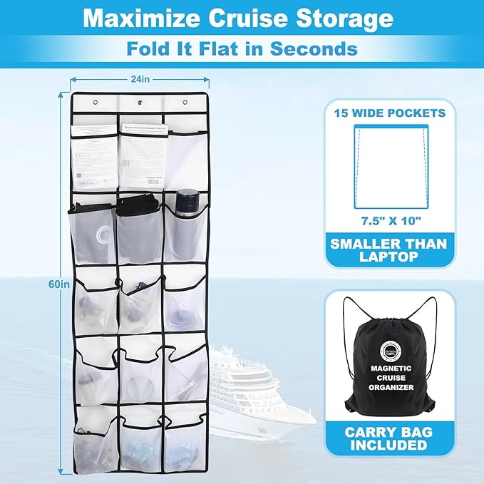 Cruise Magnetic Door Organizer with Hooks – 15 Large Pockets, Strong Anti-Scratch Magnets, Over-the-Door Cruise Essentials Storage for Cruise Cabins-NeatNest