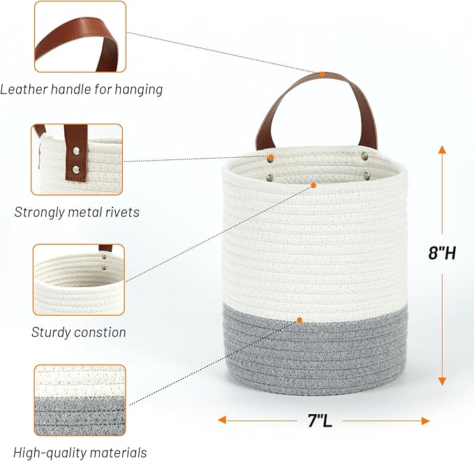 DULLEMELO Small Woven Rope Hanging Baskets - 2 Pack for Boho Wall Decor, 7 X 8 Inches Storage Basket with Handle, White&Grey-NeatNest