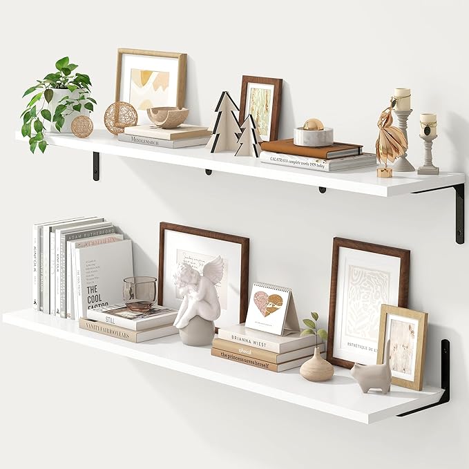 Fun Memories Deep Floating Shelves, 48W x 8D Floating Shelves Set of 2, Wall Mounted Shelf with Metal Brackets, Rustic Wood Wall Shelf for Bathroom, Kitchen and Living Room, White-NeatNest
