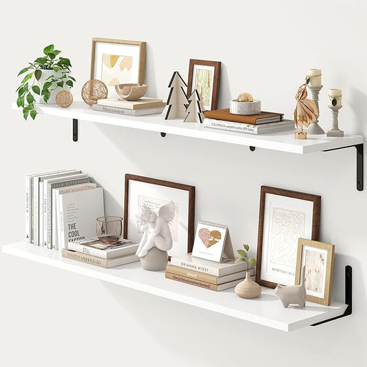Fun Memories Deep Floating Shelves, 48W x 8D Floating Shelves Set of 2, Wall Mounted Shelf with Metal Brackets, Rustic Wood Wall Shelf for Bathroom, Kitchen and Living Room, White-NeatNest