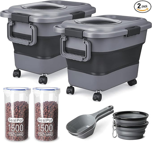 Dog Food Storage Container, 2 Pack 20 lbs Airtight Collapsible Cat Food Storage Container with Attachable Wheels, Portable Handle, Dog Food Scoop for Dog Cat Bird Pet Dry Food Storage Bin Medium-NeatNest
