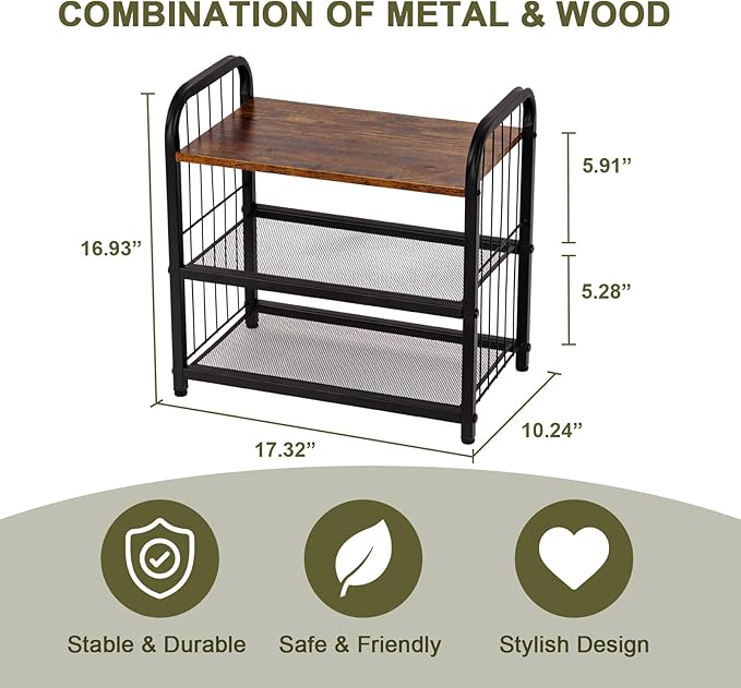Shoe Rack, 3-Tier Shoe Organizer with Guardrails, Heavy-Duty Metal Mesh Shelves & Rustic Wooden Top for Stylish Closet & Front Door Storage-NeatNest