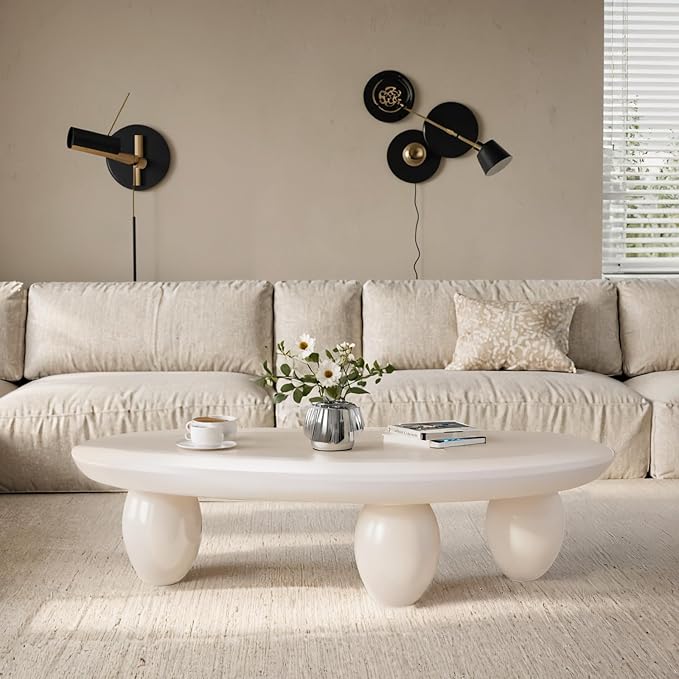 Irregular Coffee Table with 3 Oval Legs Cream White Live Edge Coffee Table Modern Cute Cloud Indoor Central Table Low Tea Table for Living Room Easy Assembly,Water Drop c White 39.4"