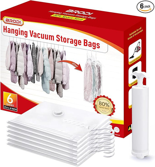 Hanging Vacuum Storage Bags For Clothes With Hand Pump,Coat Storage Bag Hanging,Vacuum Bags For Clothes,Space Saver Vacuum Storage Bags,Garment, Clothing, Dress, Suit, Long Coat, Jacket(Short 6 Pack）