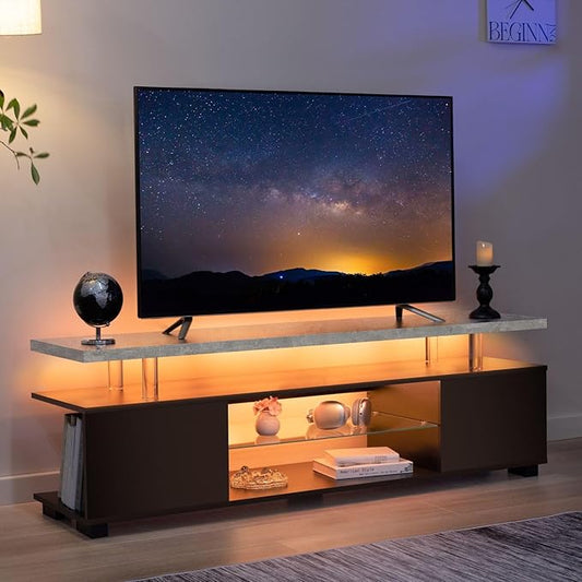Grey TV Stand 65 inch,LED TV Stand for Living Room,Glass Entertainment Center TV, Grey and Black TV Console Tables for Living Room,Bedroom,Home Office-NeatNest