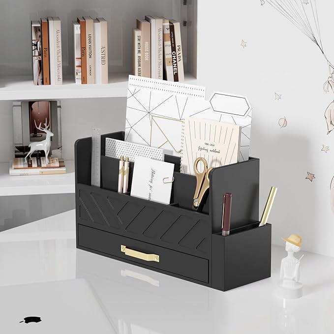Bamboo Desk Organizer Mail Holder Countertop Wood Desk Drawer Tabletop Storage Box Pen Holder Letter Sorter Makeup Organizer for School Home Office Supplies with Pen Holder Black-NeatNest