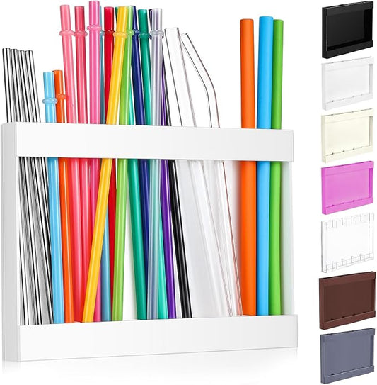 Acrylic Straw Holder for Cabinet Door with Double Sided Adhesive Tape Reusable Straw Organizer Tumbler Storage Kitchen Accessories Container for Counter Cupboard(Classic,Large,White)