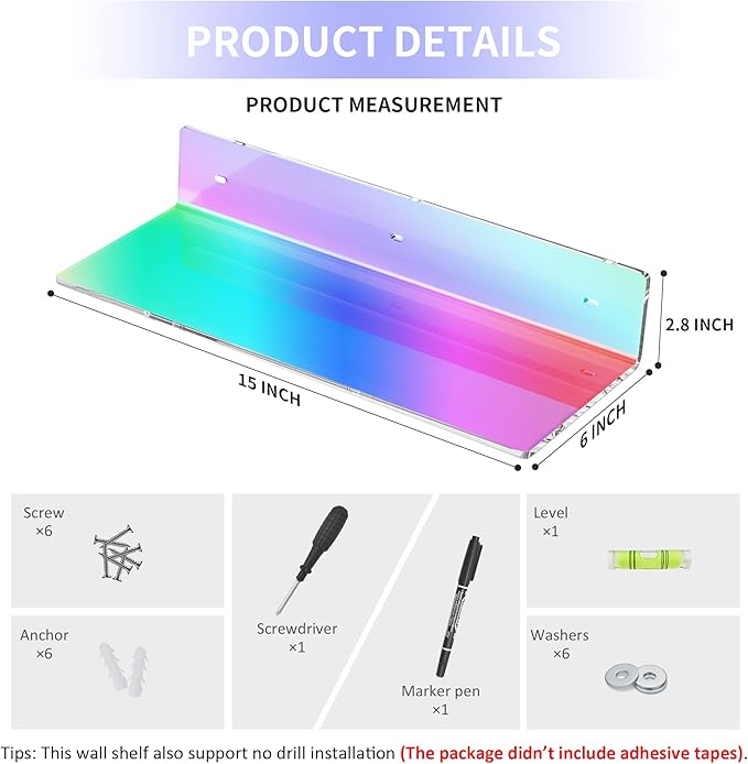2 Pack Iridescent Acrylic Floating Shelves 15 Inches, Wall Hanging Bathroom Shelves, Wall Storage Shelf for Kitchen, Dining Room, Living Room, Bedroom, Bathroom, Retail, Supermarket-NeatNest