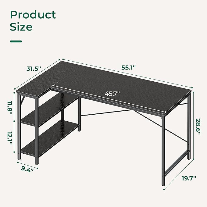 Huuger L Shaped Desk, 55 Inches Computer Desk with Reversible Storage Shelves, for Gaming Corner Home Office Writing Study, Metal Frame, Black-NeatNest