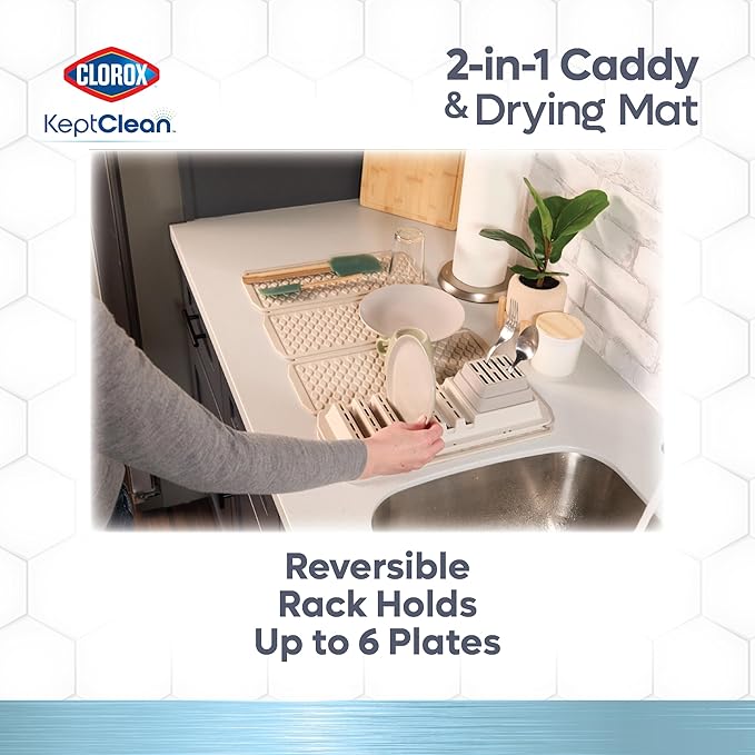 Clorox KeptClean 2-Piece Folding Kitchen Sink Mat and Sink Organizer – Folding Mat for Elevated Drying and Storage, Extending Organizer Dries 6 Plates, Flips to Dry Accessories – Almond Cream