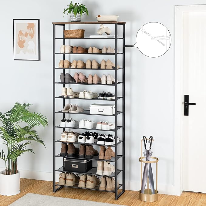 HOOBRO 12-Tier Shoe Rack, 29.5" L Shoe Storage Organizer, Large Capacity Shoe Shelf for Front Door Entrance, Entryway, Closet, Holds 36-48 Pairs of Shoes, Closet, Rustic Brown and Black BF127XJ01-NeatNest
