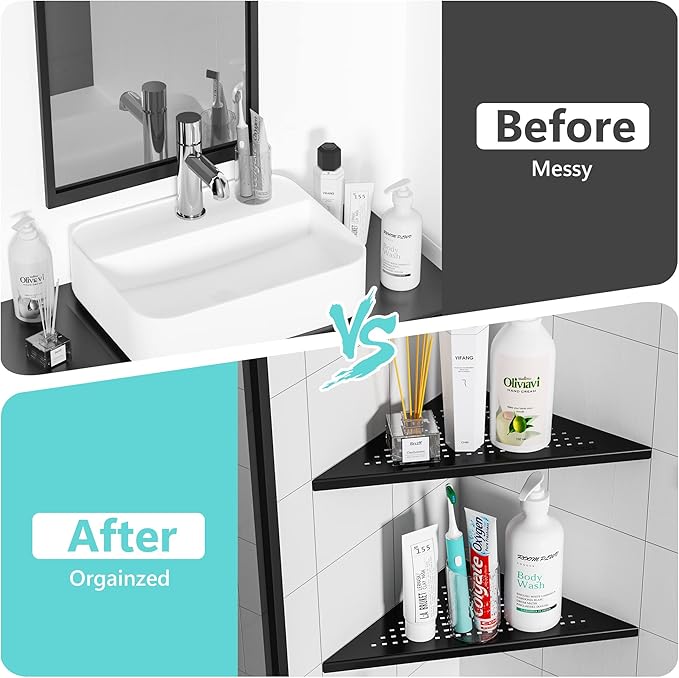 2 Pack Bathroom Corner Shelf, Recessed 12" Corner Shower Shelf, SUS304 Stainless Steel Triangular Wall Mount, No Drilling, Matte Black