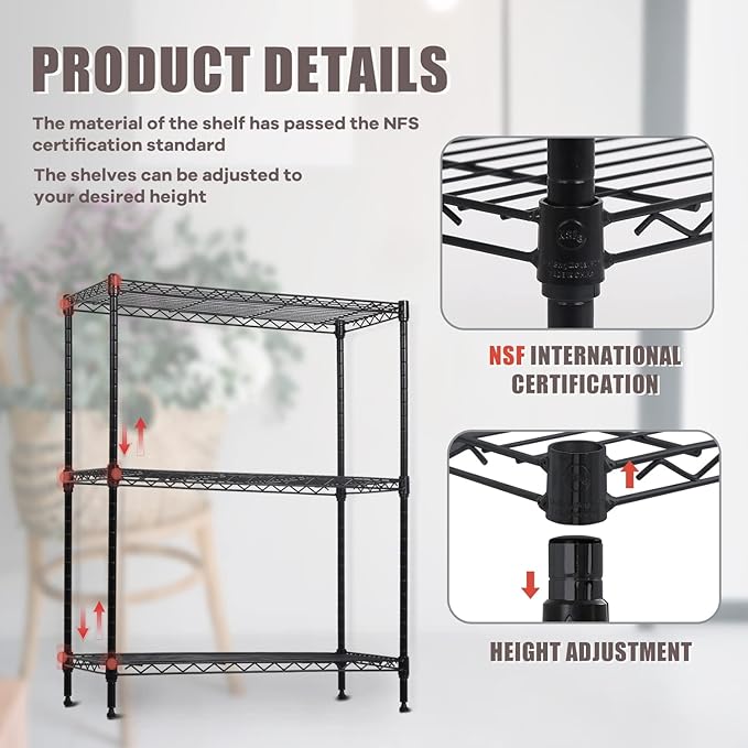 3-Tier Wire Shelving Unit Storage Shelves Shelf Organizer 30"x23"x12" Heavy Duty Metal Storage Rack Wire Rack NSF Height Adjustable for Laundry Bathroom Kitchen Garage Shelving(Black)