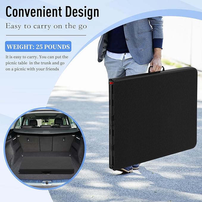 6ft Folding Table, Heavy Duty Foldable Table with Handle, Portable Fold-in-Half Utility Tables for Indoor & Outdoor Use Perfect for Camping BBQ Party Wedding Market Events, Black Ratten-NeatNest