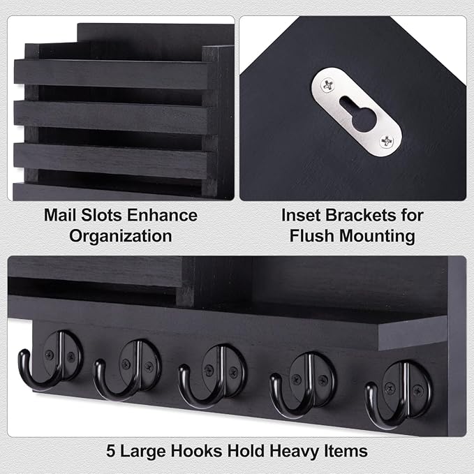 Key Holder for Wall – Decorative Wooden Mail Holder and Key Shelf with Mounting Hardware, Installation Guide – Paulownia Wood with 5 Metal Key Hooks (11.8” x 6.7” x 2.8”)