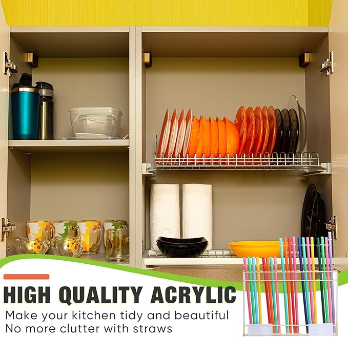 Acrylic Straw Holder for Cabinet Door with Double Sided Adhesive Tape Reusable Straw Organizer Tumbler Storage Kitchen Accessories Container for Counter Cupboard(Gold Trim,Large,Clear)