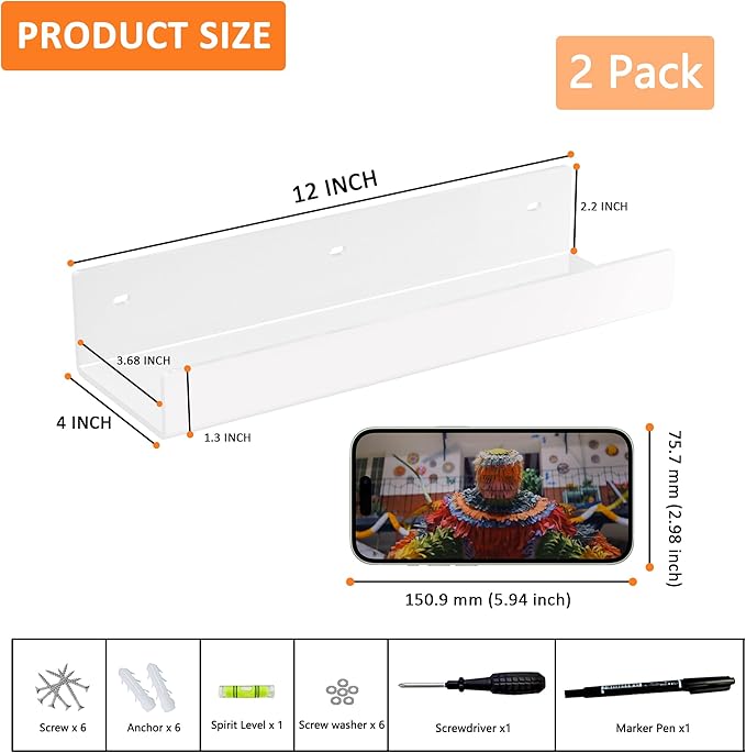 12 Inches White Acrylic Wall Shelves 2 Pack, Acrylic Bookshelf for Wall. Wall Mounting Shelf for Living Room-NeatNest