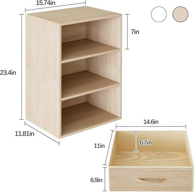 Garden 4 you Cube Storage Organizer Shelf, 3 Tiers Stackable Bookshelf with Drawer, Wooden Display Bookcase with 3 Cube Storage, Small Storage Cabinet for Living Room Bedroom, Natural-NeatNest