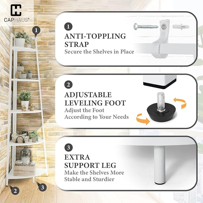 CAPHAUS Tall Corner Shelf Stand, 4-Tier Display Shelves, Ladder Corner Wood Storage Plant Bookshelf with Metal Frame, Versatile Shelving Unit Bookcase for Home Office Space, White-NeatNest