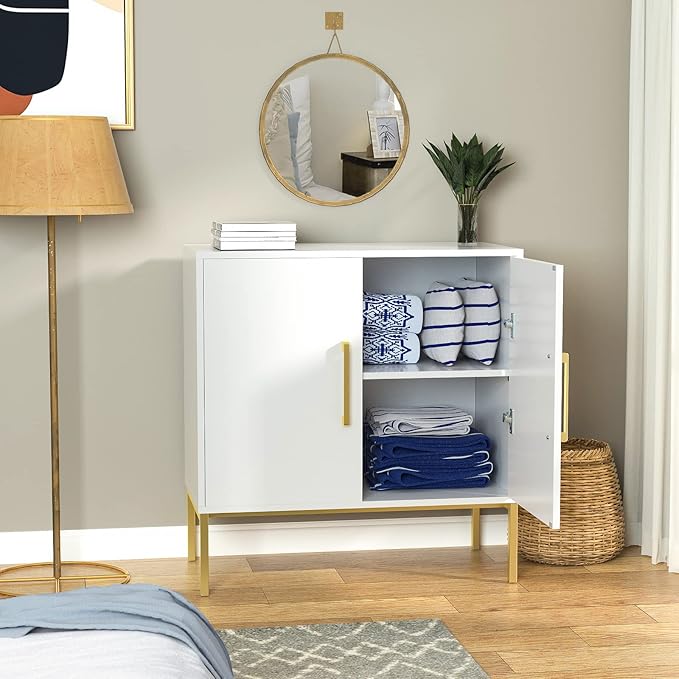 JOZZBY Buffet Sideboard Cabinet with Storage, Modern Wooden Cabinet with Adjustable Shelves, White and Gold Cabinets for Living Room, Kitchen, Hallway, Set of 2