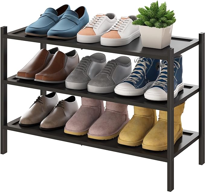BMOSU 3-Tier Bamboo Shoe Rack Premium Stackable Shoe Shelf Storage Organizer for Hallway Closet Living Room Entryway Organizer(Black)-NeatNest