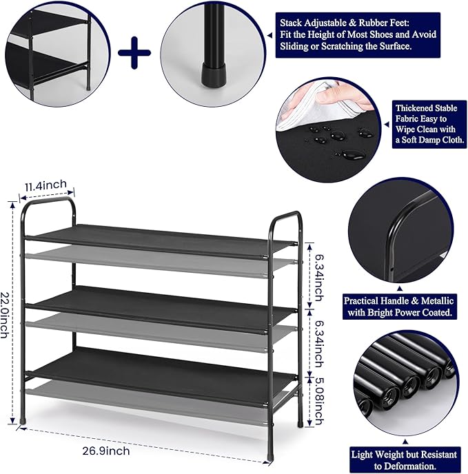 MAX Houser 3 Tier Free Standing Shoe Rack, Metal Shoe Storage Shelf for 9-12 Pairs, Easy to Assemble, Entryway, Bedroom, Black-NeatNest