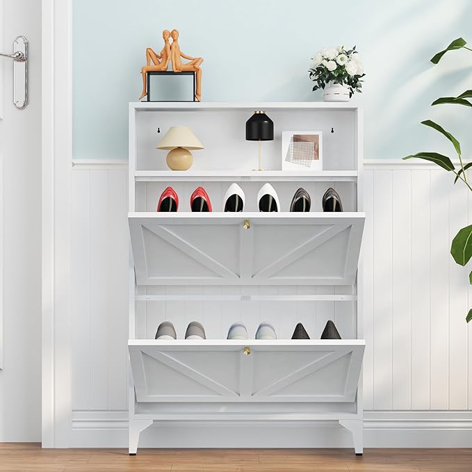 Shoe Cabinet with 2 Flip Drawers, Farmhouse Shoe Organizer, Narrow Shoe Rack Cabinet, Freestanding Shoe Storage Cabinet with Open Storage for Entryway, Foyer, Hallway, White