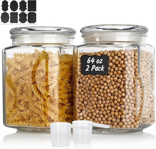 Glass Jars with Lids 64 oz, Airtight Silicone Seal & Non-Slip Design, Large Glass Storage Containers with Lids, Wide-Mouth Storage Containers for Kitchen, Laundry, Pantry & Office, Set of 2