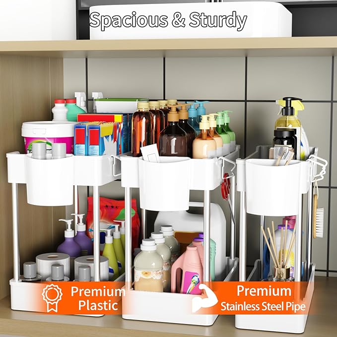 3 Pack Under Sink Organizers and Storage, 2 Tier Bathroom Cabinet Organizer Shelf with Hanging Cups for Kitchen & Bathroom (White)-NeatNest