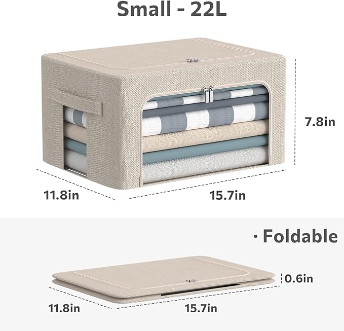 3Pack Foldable Storage Bins - Frame Storage Box Linen Fabric Stackable Clothes Container Organizer with Clear Window & Carry Handles Large Capacity (Small-22L, Beige)-NeatNest