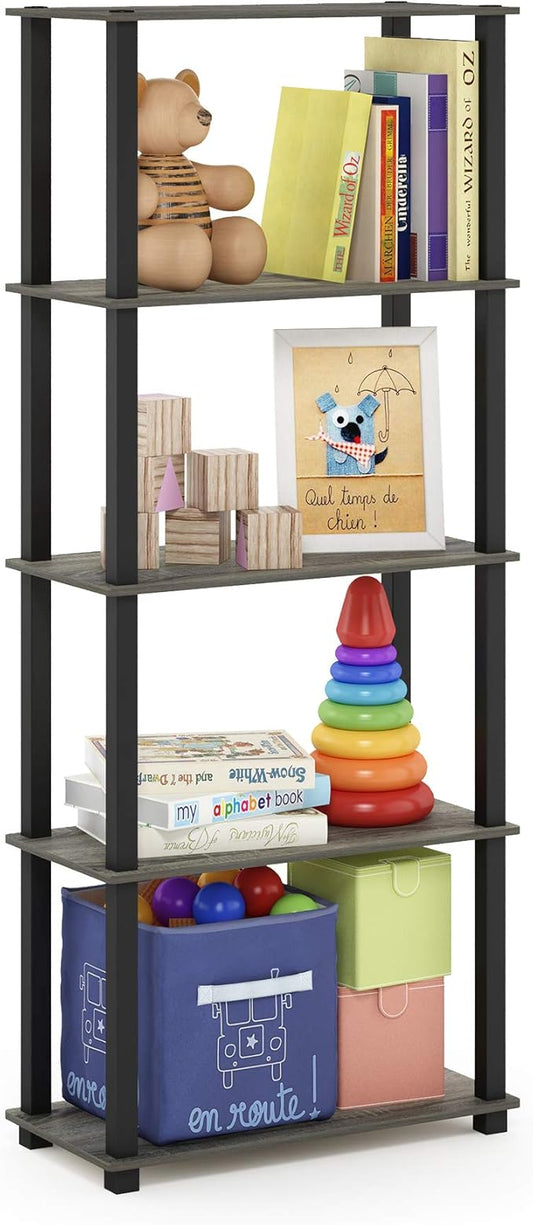 Furinno Turn-N-Tube 5-Tier Multipurpose Shelf / Display Rack / Storage Shelf / Bookshelf, Square Tubes, French Oak Grey/Black-NeatNest
