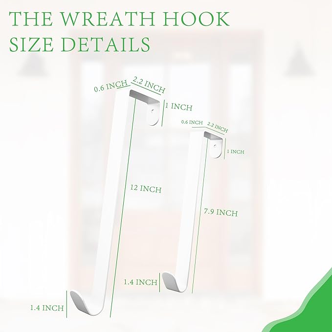 12 & 8 Inch Heavy Duty Wreath Hooks 4 Pack - Holds 50 lbs! No Drill Storm Door Hangers, Steel Over Door Hooks for Giant Christmas Decor, Fits Door Tops 1"-2.2" Thick(White)
