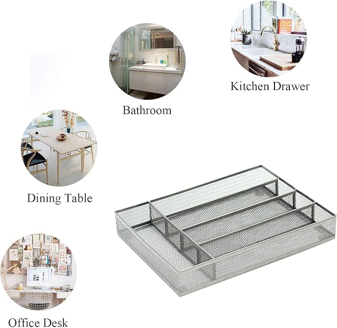 JANE EYRE Drawer Organizer, Cutlery Tray Silverware Flatware Storage Divider for Kitchen, Mesh Wire with Non-slip Foam Feet, 5 Component, Silver-NeatNest