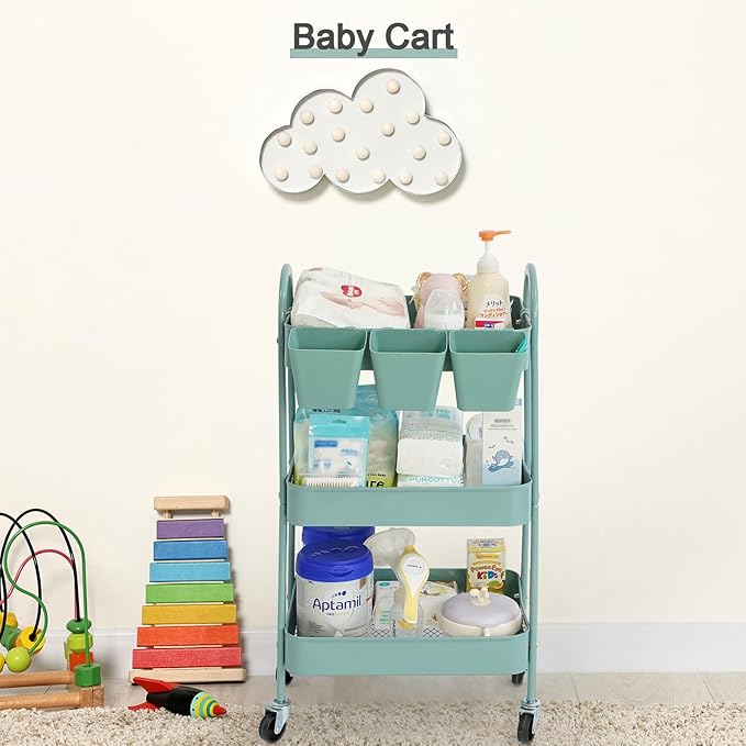 danpinera 3-Tier Rolling Cart, Metal Rolling Storage Cart with Lockable Wheels & Hanging Cups & Hooks, Mobile Trolley for Kitchen, Bathroom, Office, Workshop, Green-NeatNest