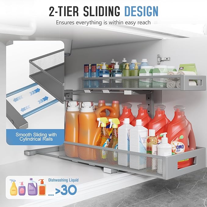 1 Pack 20.47IN Depth Under Sink Storage Organizer, Large 2-Tier Elegant Mesh Pull Out Shelf for Kitchen and Bathroom Cabinet Organization, L-Shaped and Adjustable Height Design-Gun Gray-NeatNest