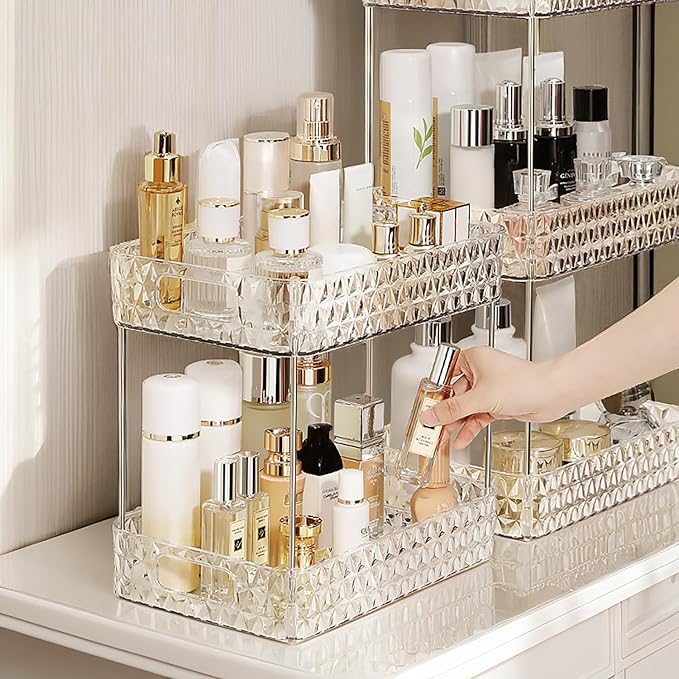 Makeup Organizer for Vanity,Bathroom Countertop Skincare Organizer,Makeup Counter Shelf Perfume Holder Rack,Cosmetic Display Case (Clear, 2 Tier)-NeatNest