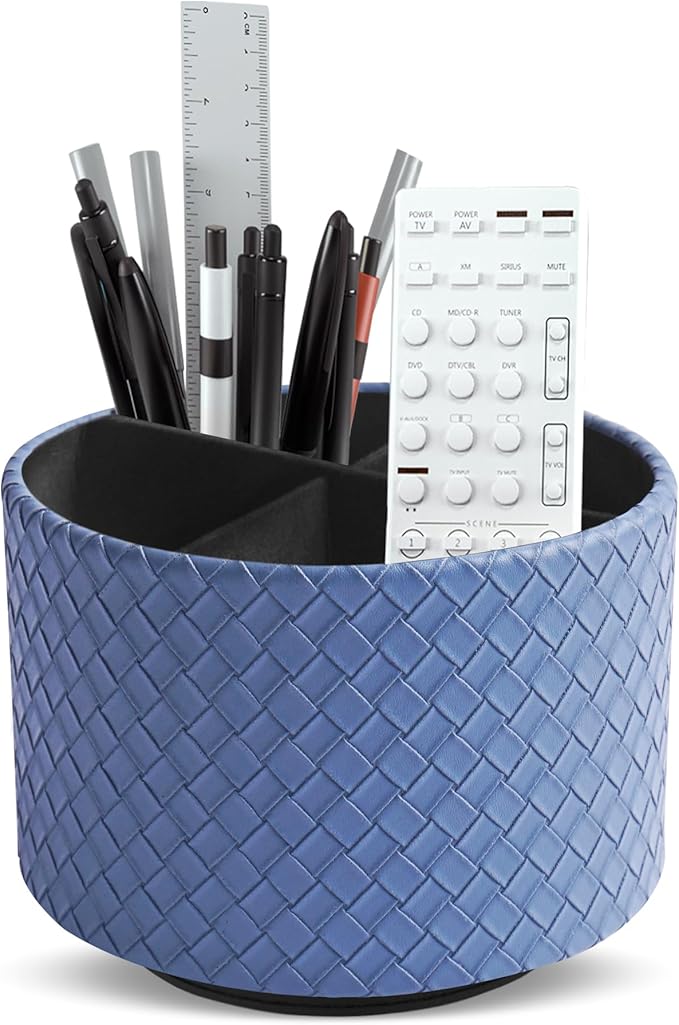 Hennaja Round Leather Art Supply Organizer,Remote Control Holder,360 Degree Spinning,Multi-Functional Pencil Holder,4 Compartments Desktop Stationary Organizer(1-Weave Blue)-NeatNest