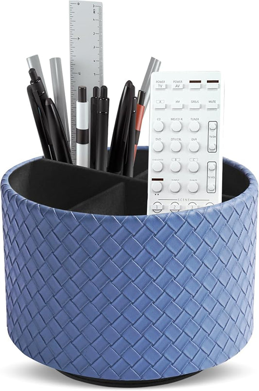 Hennaja Round Leather Art Supply Organizer,Remote Control Holder,360 Degree Spinning,Multi-Functional Pencil Holder,4 Compartments Desktop Stationary Organizer(1-Weave Blue)-NeatNest