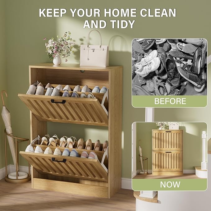 Shoe Storage Cabinet for Entryway with 2 Flip Drawers, Wooden Shoe Organizer with Adjustable Shelf, Freestanding Wood Fluted Panel Shoes Cabinet Closed Shoe Rack for Hallway, Foyer, Nature Oak-NeatNest