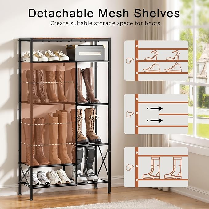 8-Tier Shoe Rack, Shoe Storage Organizer with Boots Storage, Large Capacity Shoe Shelf Holds 20-23 Pairs of Shoes, Durable and Stable, for Entryway, Closet, Hallway, Dorm Room, Rustic Brown-NeatNest