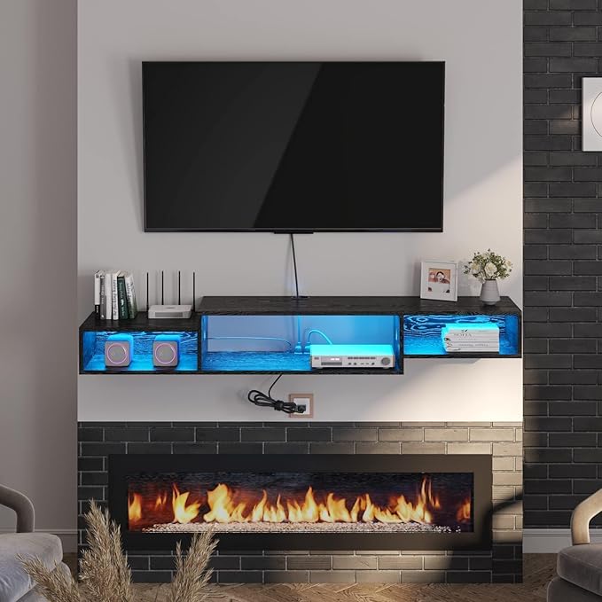 4 EVER WINNER Floating TV Stand, with LED Lights, 59” Floating Entertainment Center with Power Outlet and Storage, Floating TV Shelf Media Console Cabinet for Gaming Box Audio Video, Black-NeatNest