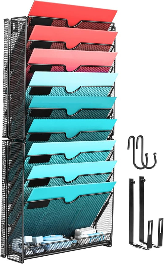 GALASALA Wall File Organizer, 10 Pockets Mesh Hanging File Organizer, Wall Mount File Holder With Hooks, Wall Organizer Magazine Rack for Office Supplies, Black
