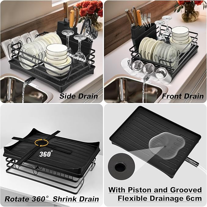 Dish Rack with Drain Board, Rustproof Dish Drying Rack for Kitchen Counter with Removable Utensils Holder, Dish Drainer with 360 Degree Swivel Spout