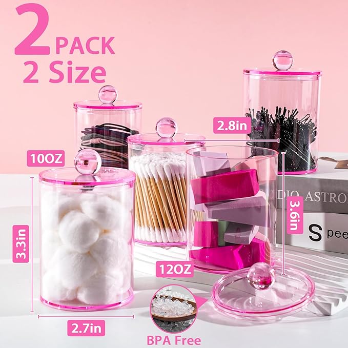 Qtip Holder Dispenser, 2 Pack 10 oz, 12 oz Plastic Apothecary Jar Set for Bathroom Canister Storage Organization,Vanity Makeup Organizer for Cotton Swab, Ball, Pads, Floss.(Pink)