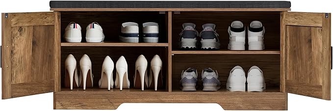 2-Tier Storage Bench, Shoe Bench with Padded Seat Cushion, Entryway Bench with 2 Barn Doors, Adjustable Shelf, 13.8" D x 39.4" W x 17.7" H, for Entryway, Living Room, Bedroom, Rustic Walnut-NeatNest