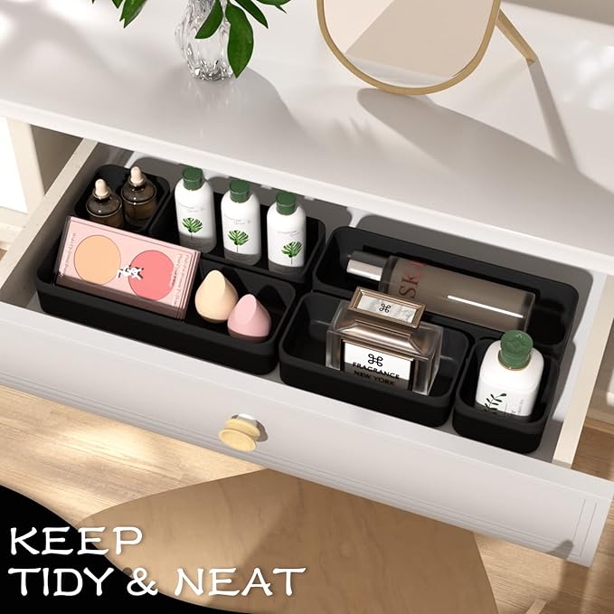 CHANCETSUI 6 PCS Stackable Drawer Organizers Set, Versatile Desk and Vanity Drawer Organizer Trays, Storage Bins for Makeup, Bathroom, Bedroom, Kitchen and Office, Black-NeatNest