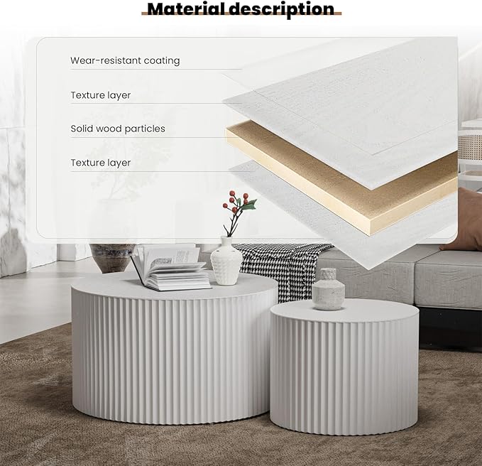 Round Nesting Coffee Table Set 2 Piece, Drum Modern DrumStackable Side Table for Living Room/Bedroom Small, Space-Saving Accent Furniture with Scratch-Resistant Design (B White 27.56 in)