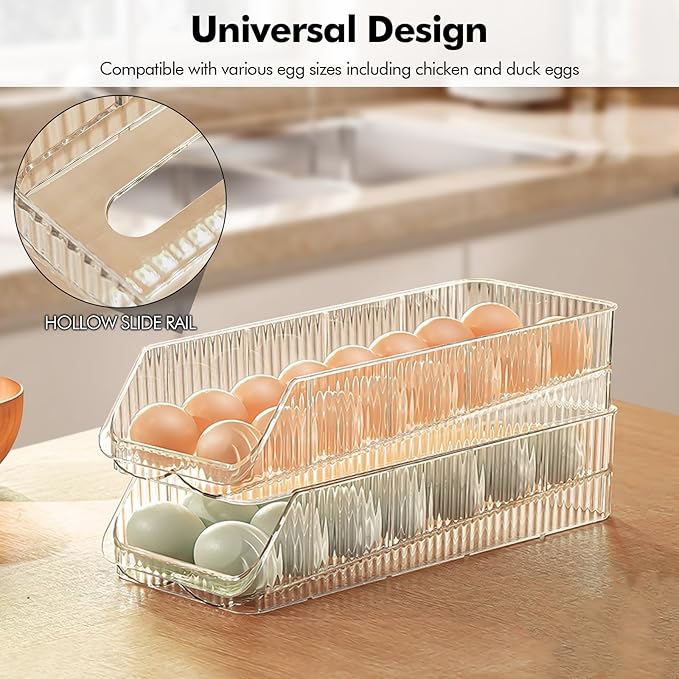 16 Egg Holder for Fridge, Rolling Egg Container, Stackable Egg Tray Holds 16 Eggs - Clear